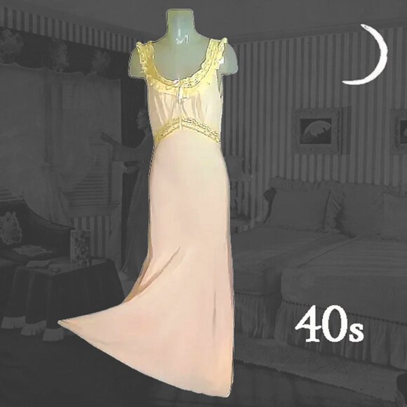 Other - Vintage Pink Rayon Long Nightgown LARGE Size with Lacy Pinafore Ruffle - 1940s